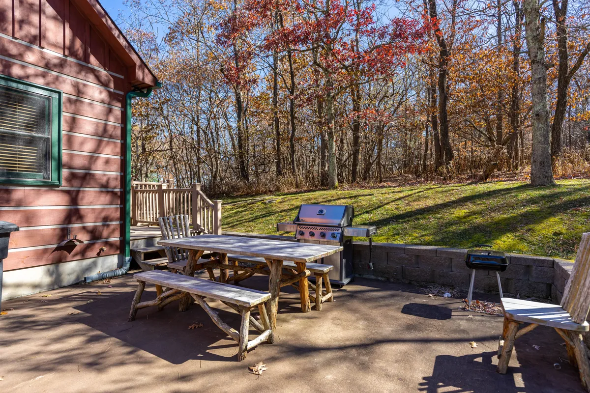 An outdoor dining area featuring a picnic table and a grill set among tall trees. The environment is casual and communal, ideal for barbecuing and al fresco meals beneath the forest canopy.