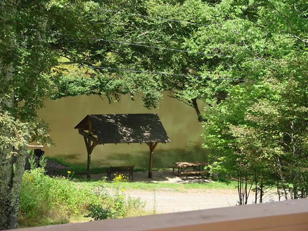 The image features a tranquil community picnic pavilion with a picnic table surrounded by vibrant greenery. The peacefulness of the park-like setting makes it an ideal spot for enjoying a meal or spending quiet moments outdoors.